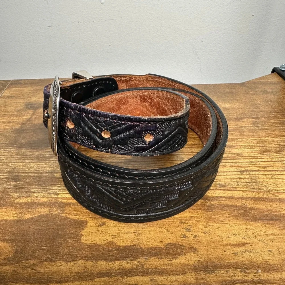 Chambers Womens Black Embossed Leather Western Belt Silver Buckle Set WS555 36